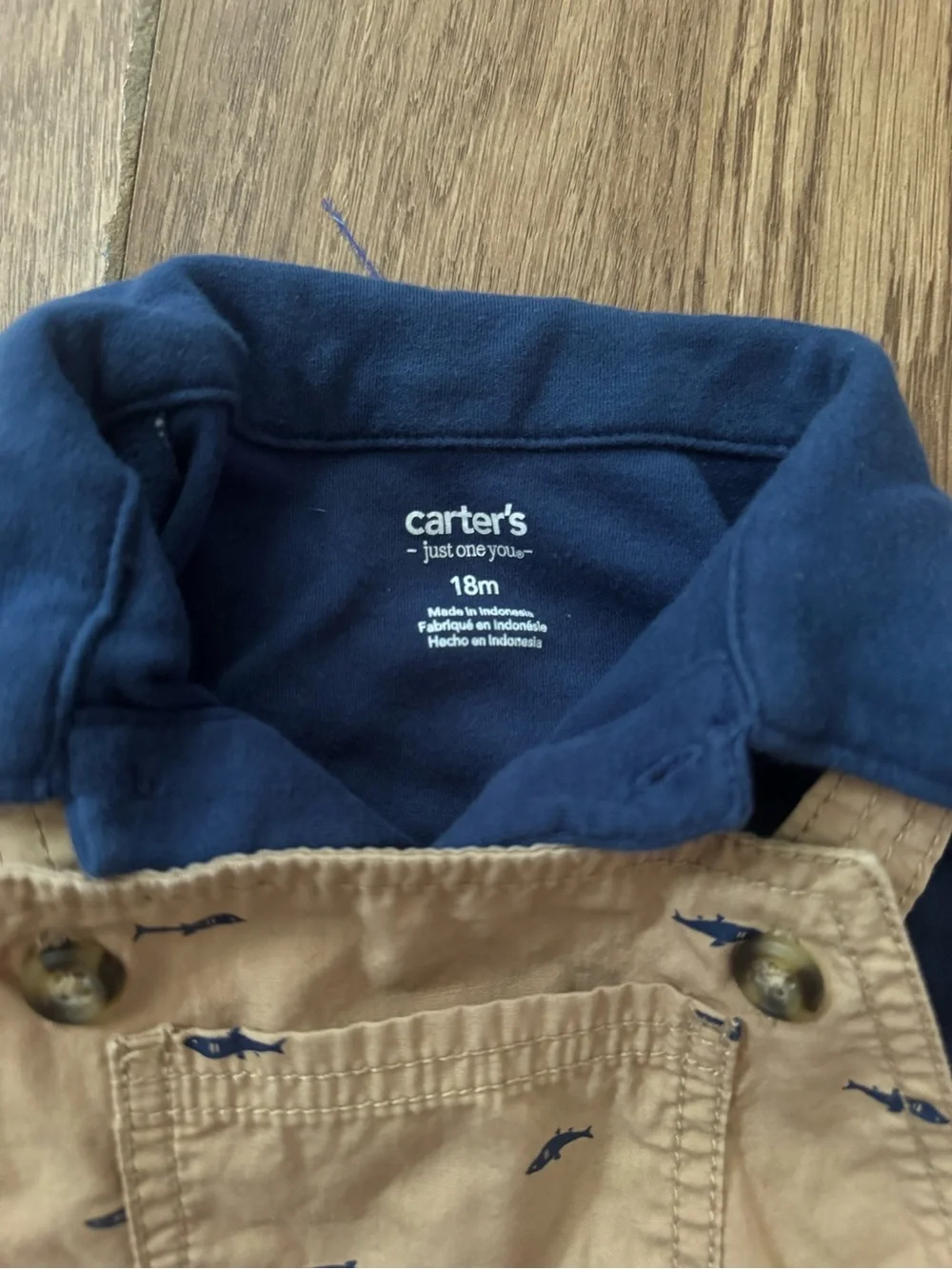 Carter's Tan Shark-Print Cotton Overalls with blue shirt for Kids